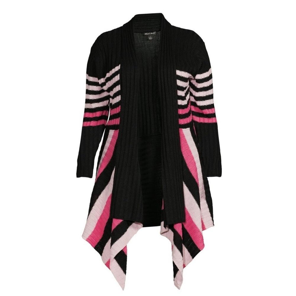 What's Next Women's Striped Flyaway Cardigan Sweater Black/ Pink Size 2XL
